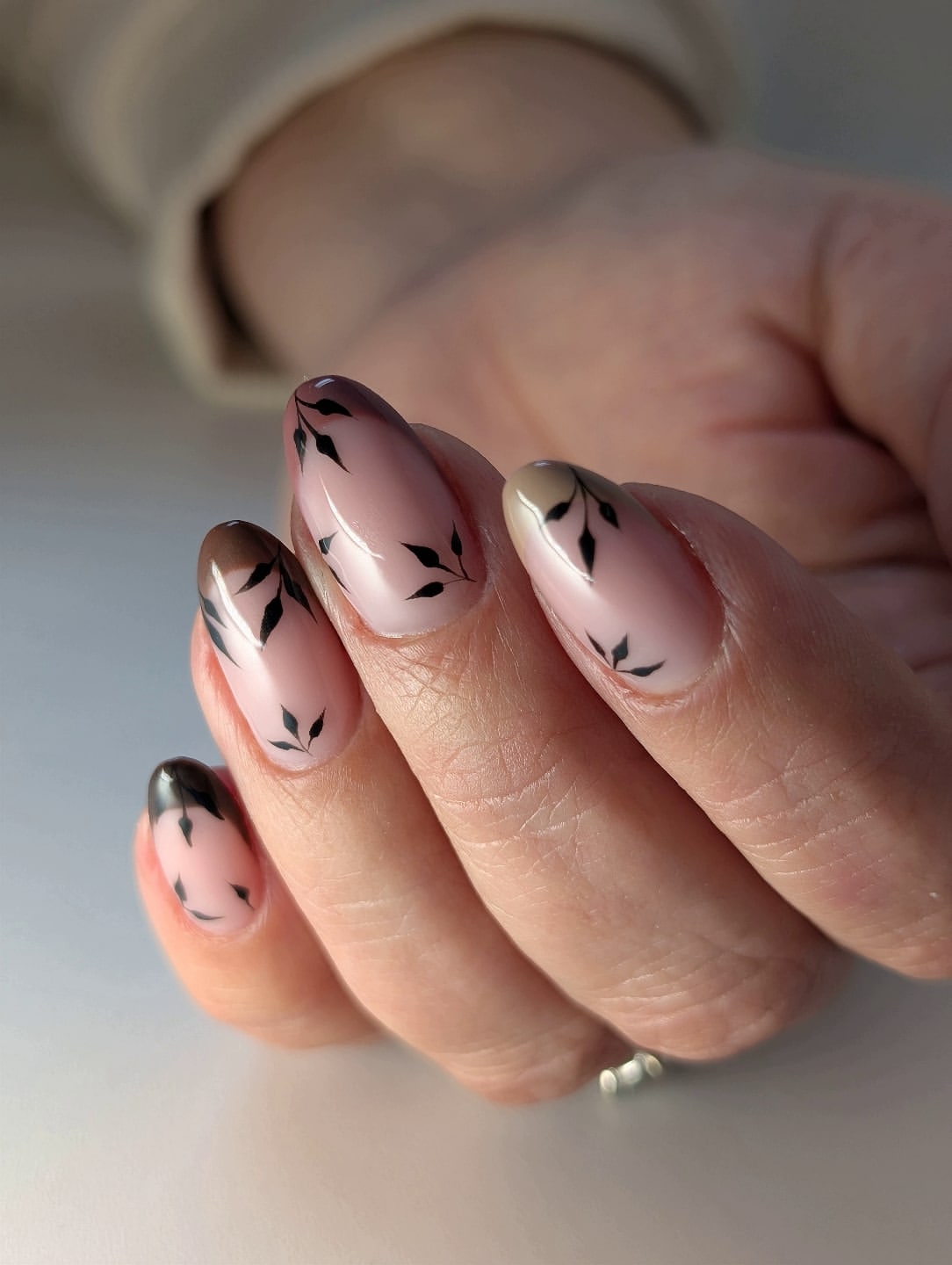 Ombre Almond Nails with Black Leaf Decals