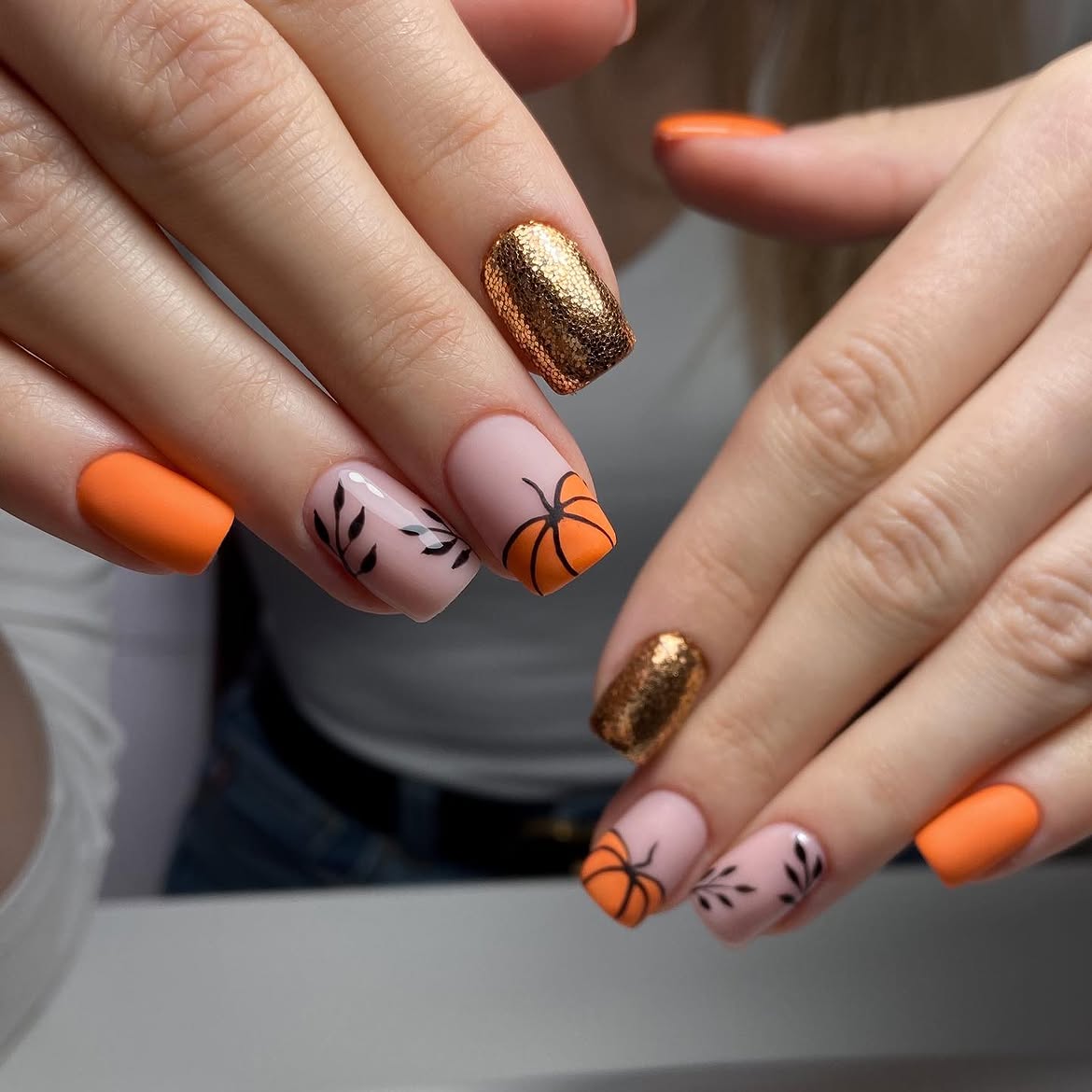 Orange & Gold Pumpkin Matte Fall French Tips