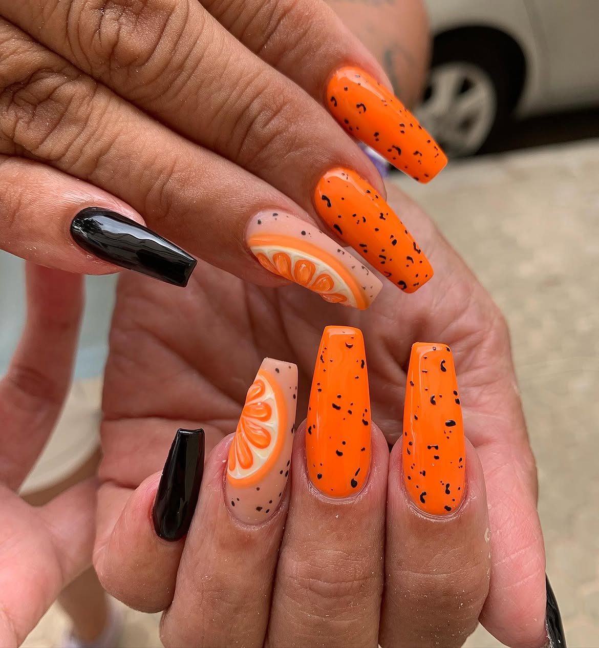 Orange Slice and Black Speckle Coffin Nails