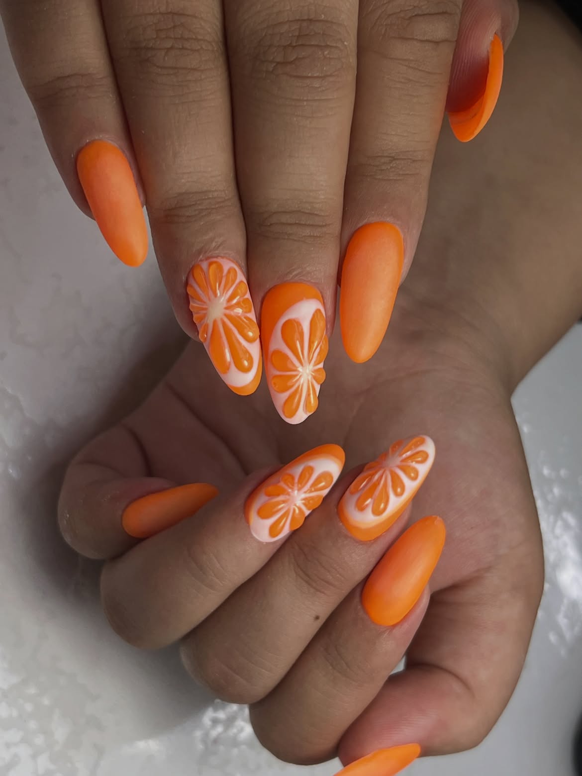 Orange Slice Matte Almond Nails