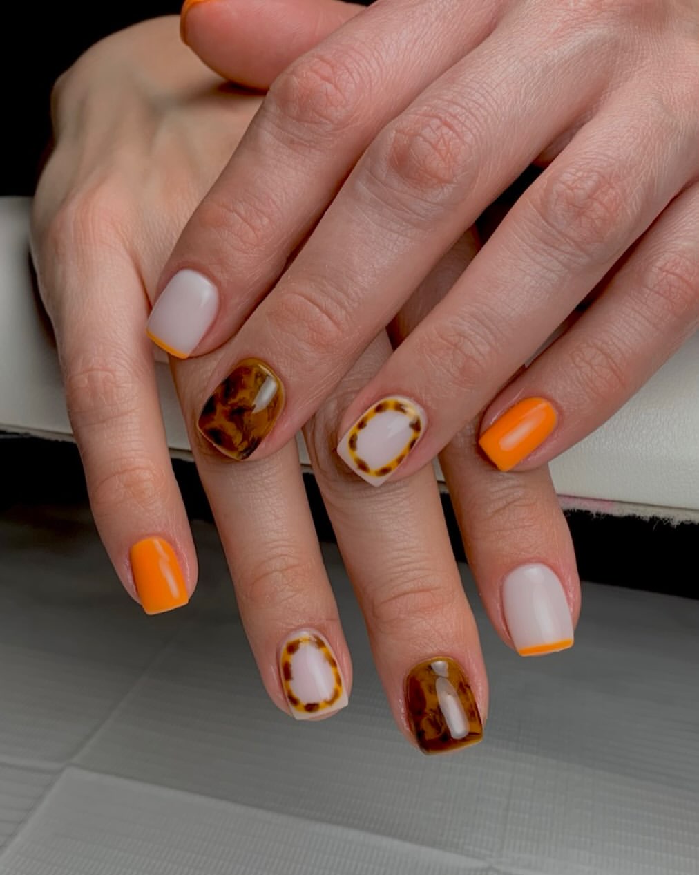 Orange Tortoiseshell French Tip Short Square Nails