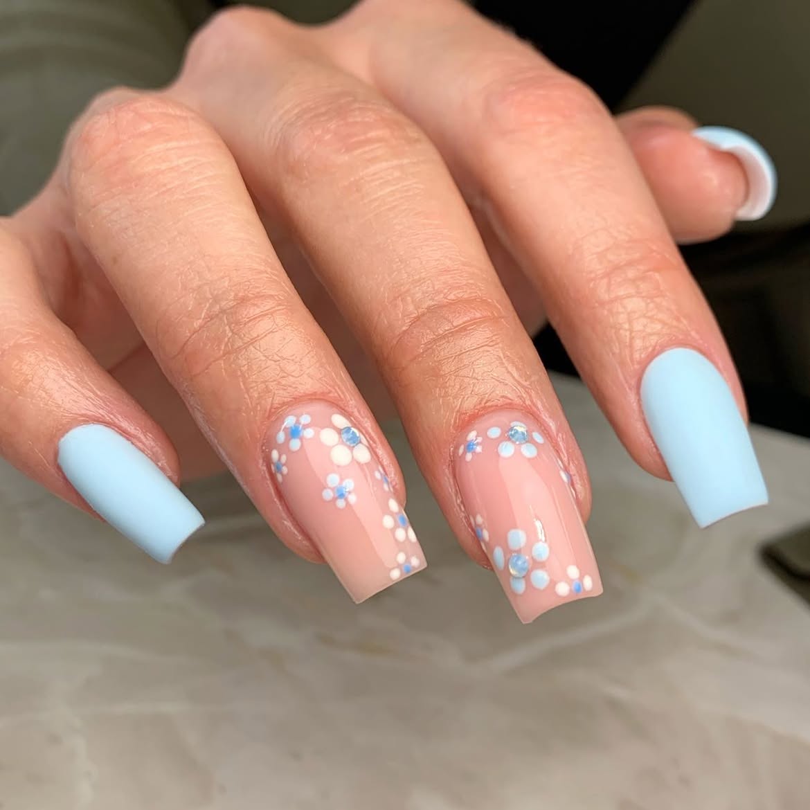 Pastel Baby Blue Floral French Tip Nails