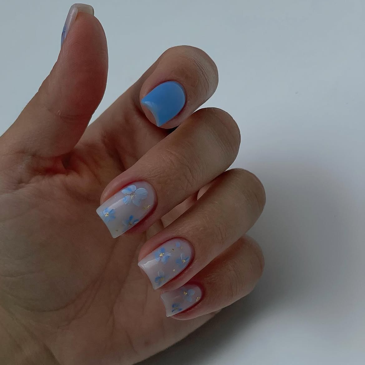 Pastel Blue Floral Square Nails
