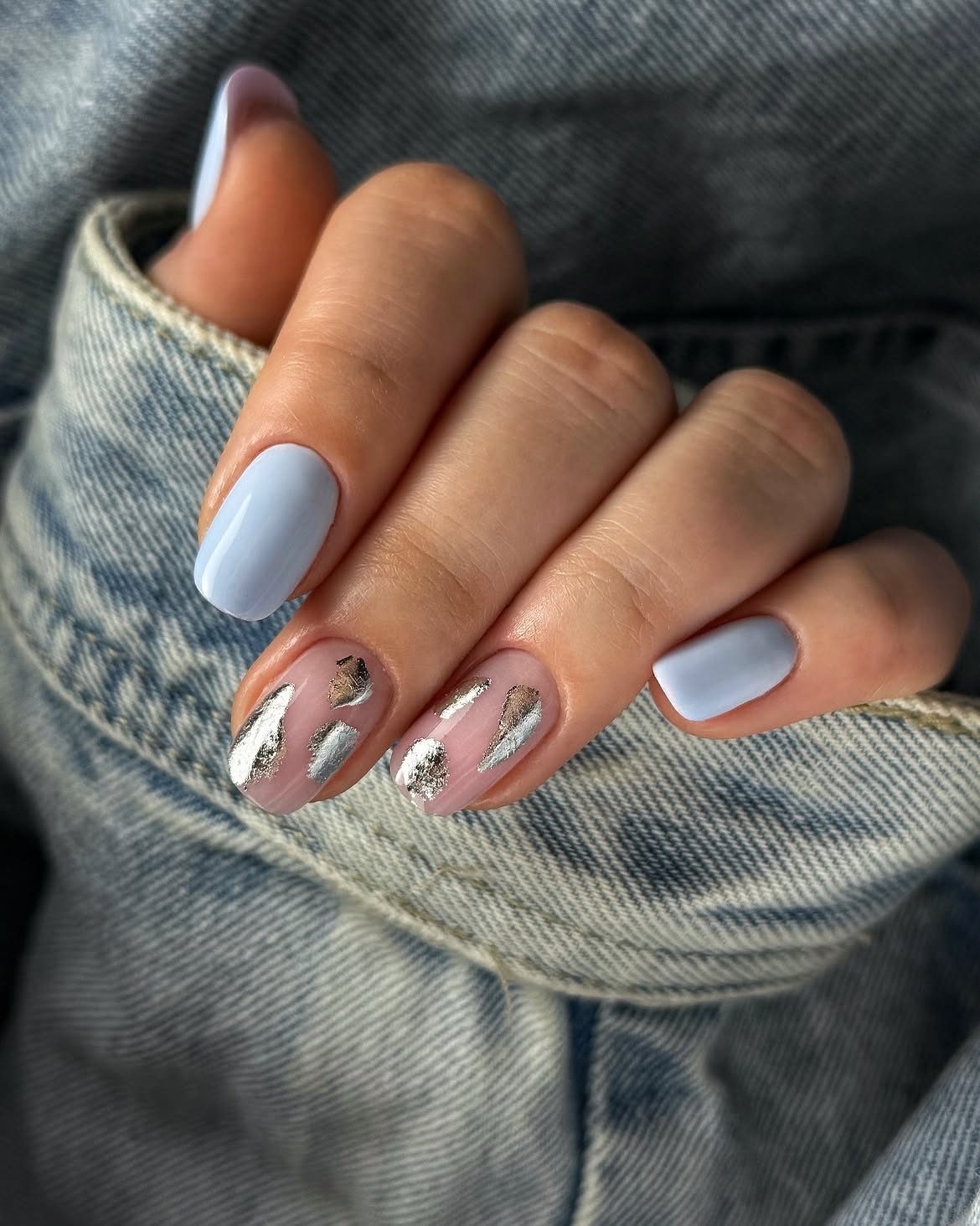 Pastel Blue & Silver Foil Abstract Nails