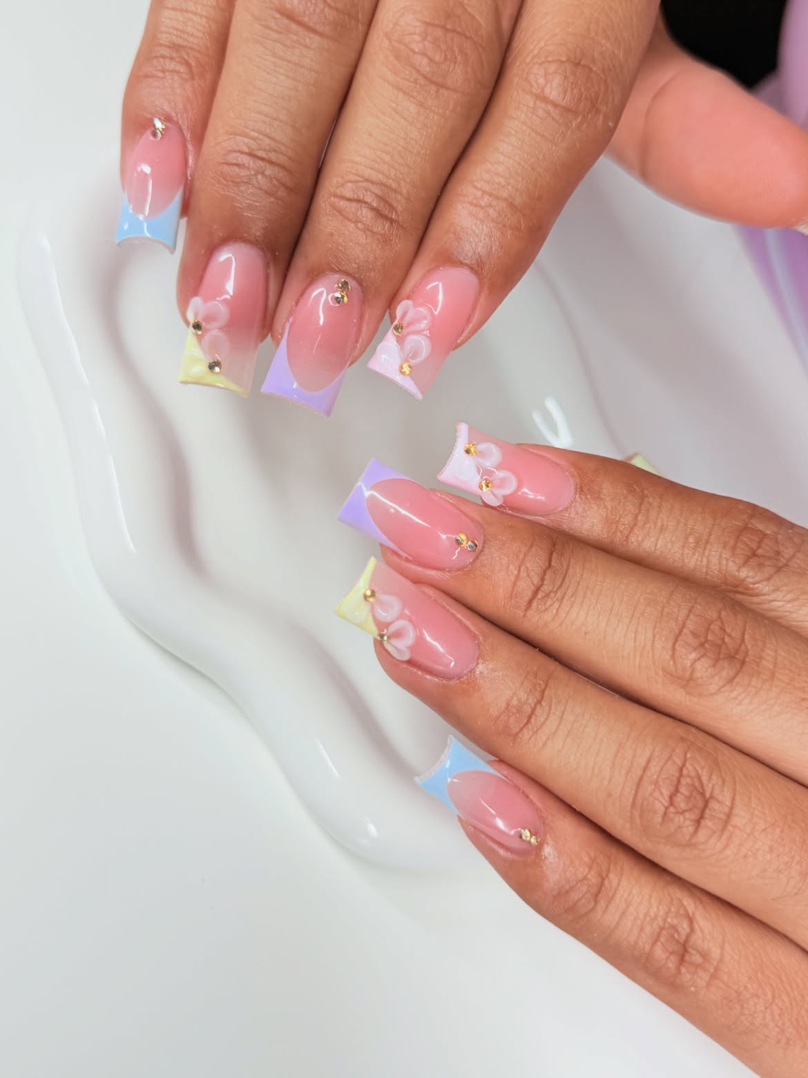 Pastel Ombre French Tip Square Nails with 3D Flowers
