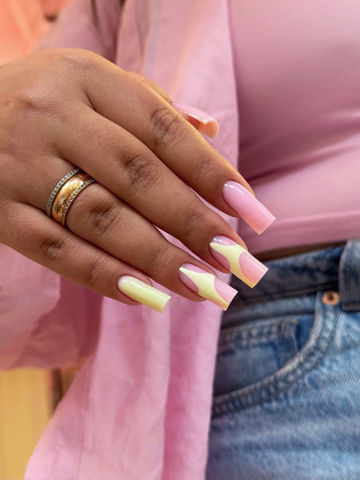 Pastel Swirl French Tip Square Nails