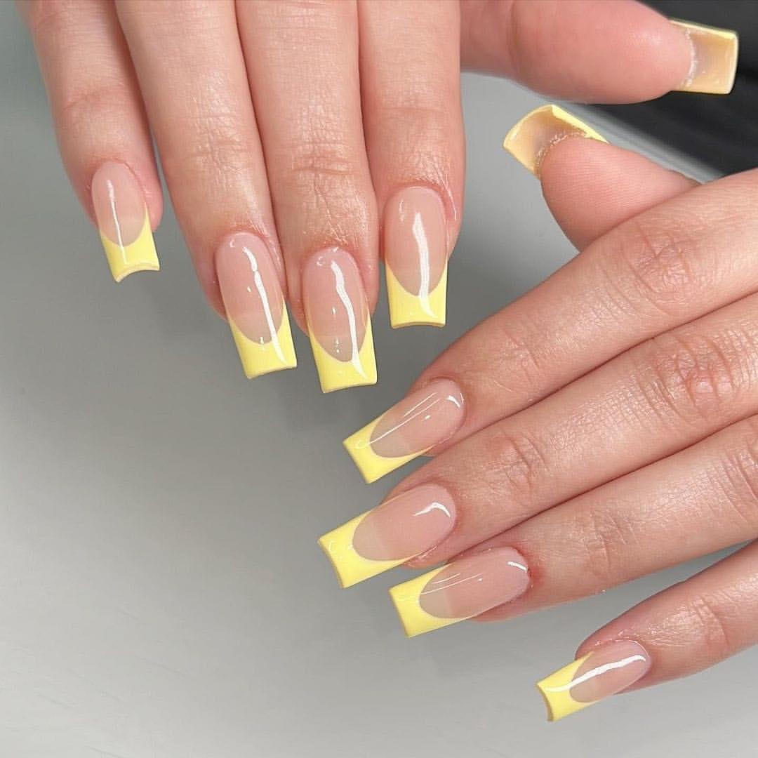 Pastel Yellow French Tip Square Acrylics