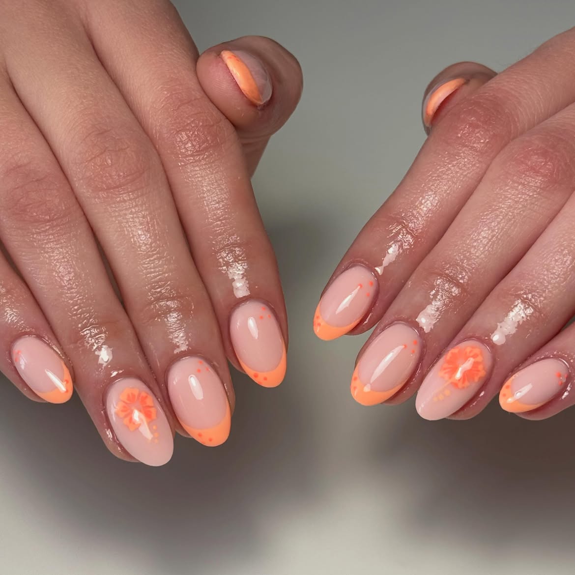 Peach Orange French Floral Almond Nails