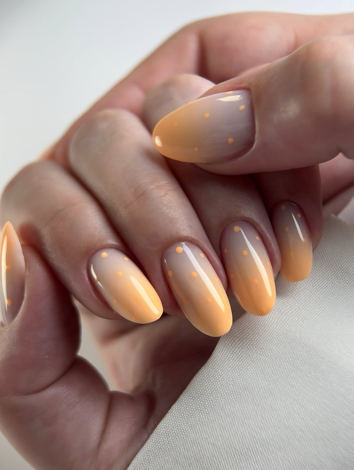 Peachy Ombre Nails with Delicate Orange Polka Dots