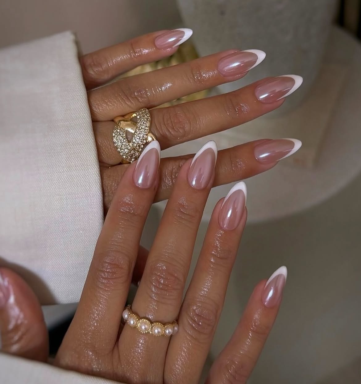 Pearl Chrome Almond French Tips