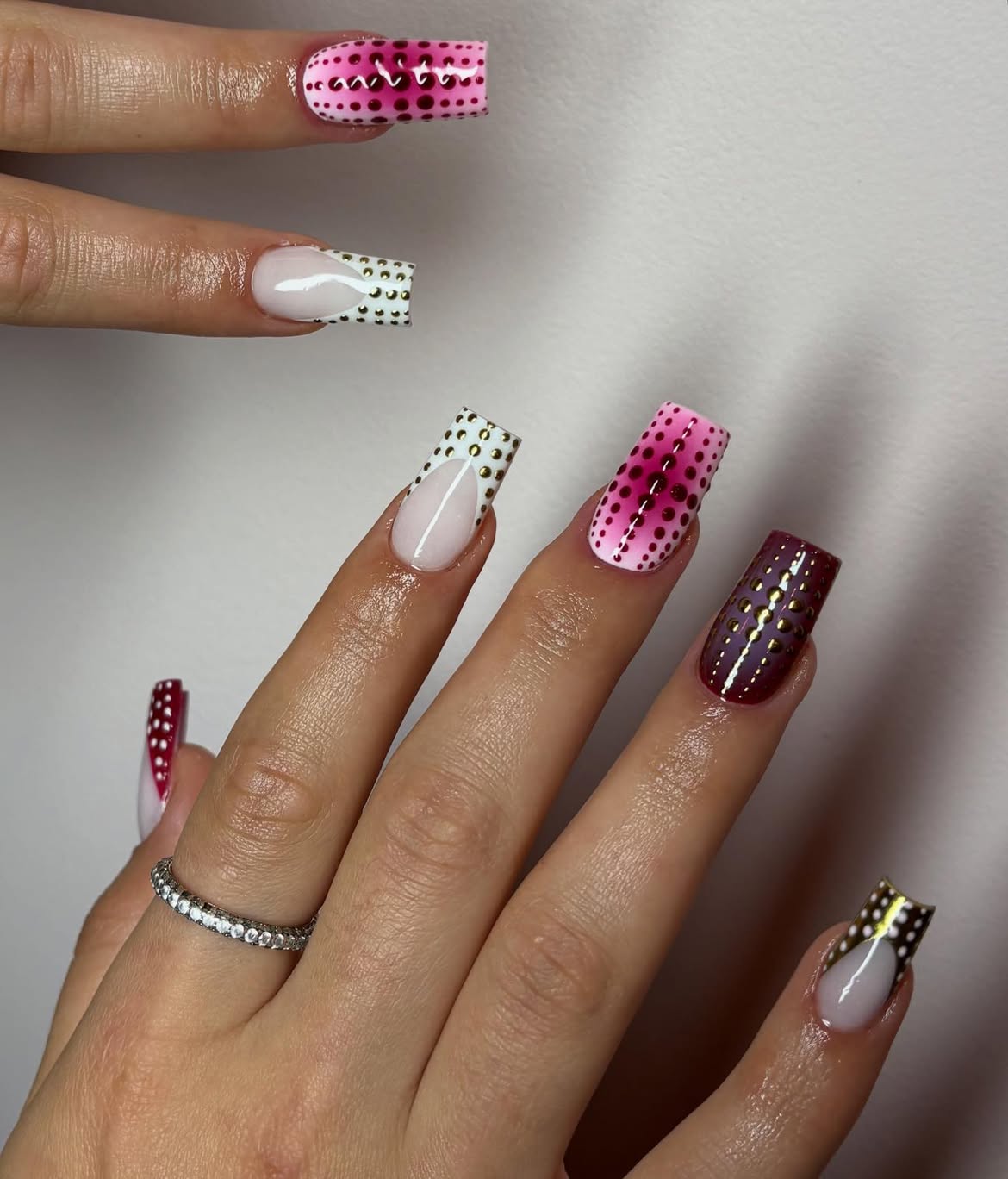 Pink And Burgundy Dot French Tip Coffin Nails