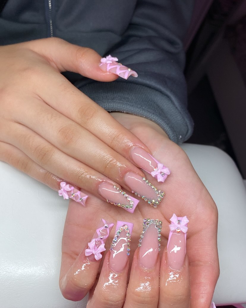 Pink Bow & Rhinestone French Tip Coffin Nails
