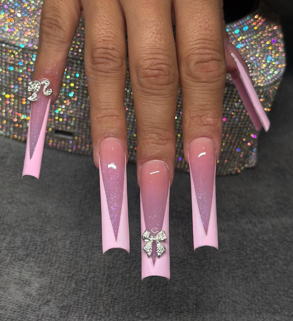 Pink French Ombre Glitter V-Cut Nails with Charms