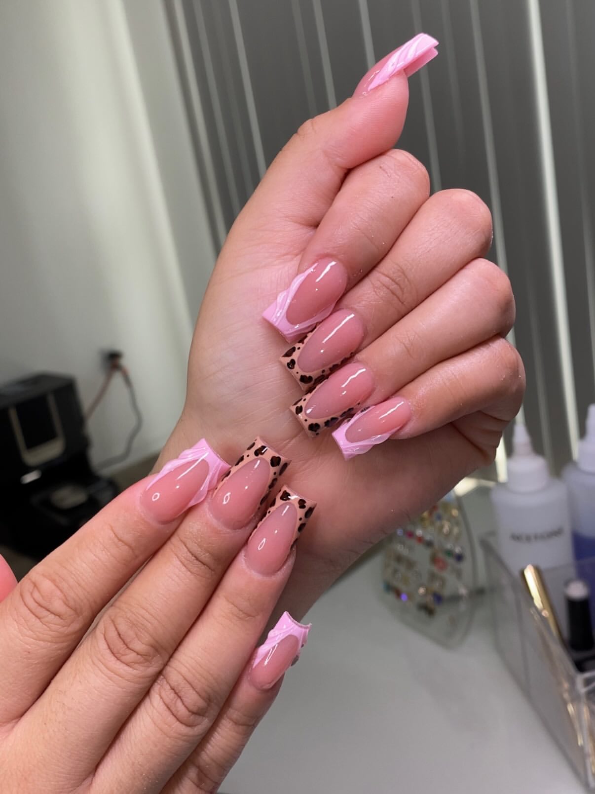 Pink French Tip Cheetah Accent Square Nails