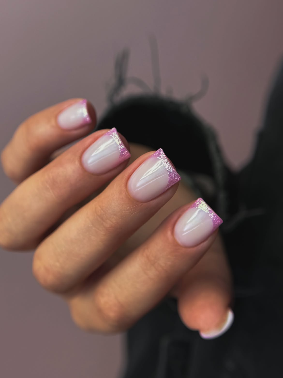 Pink Glitter French Tip Almond Nails