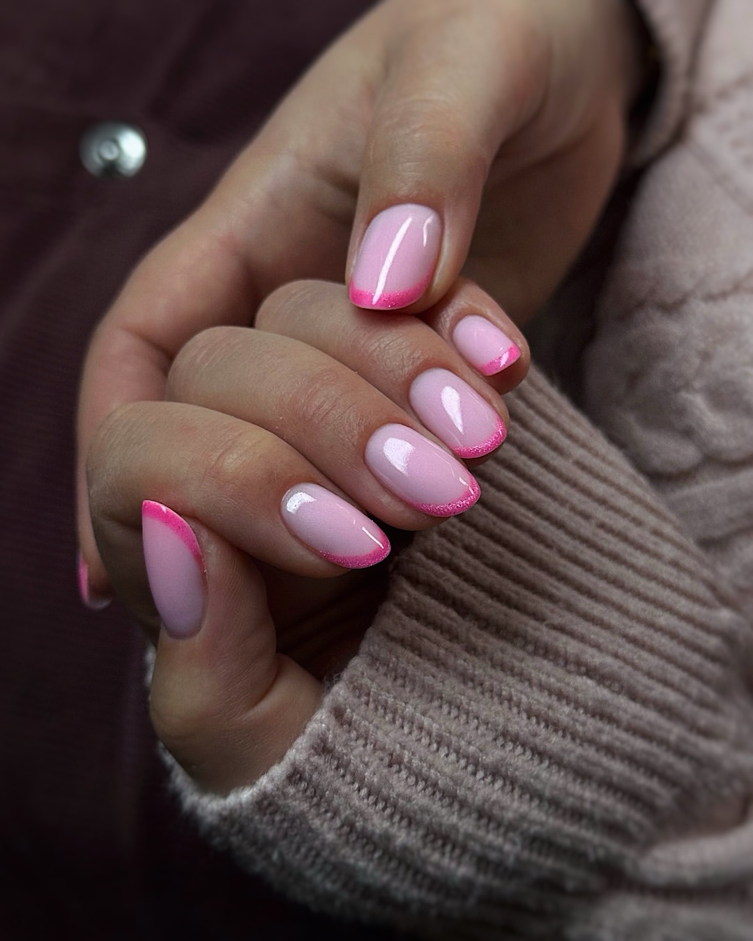 Pink Glitter French Tip Oval Nails