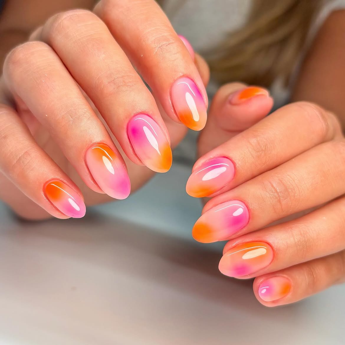 Pink Orange Ombre Oval Nails