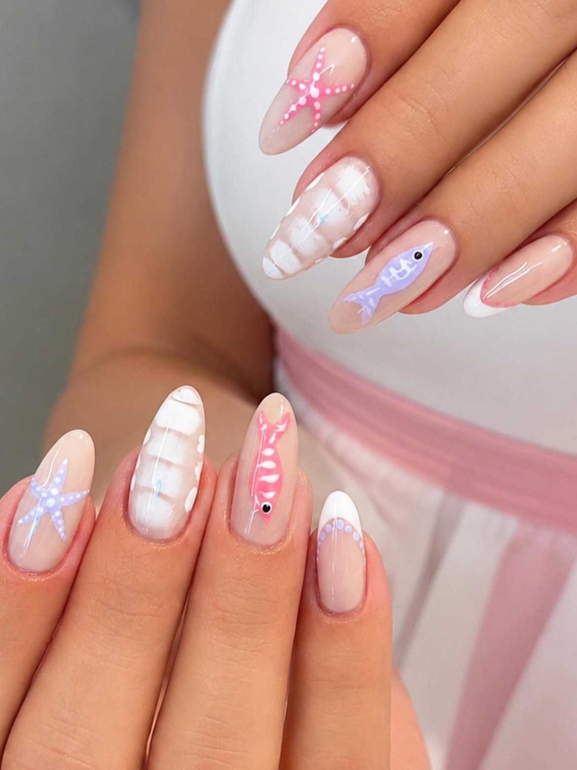 Playful Ocean Friends French Almond Nails