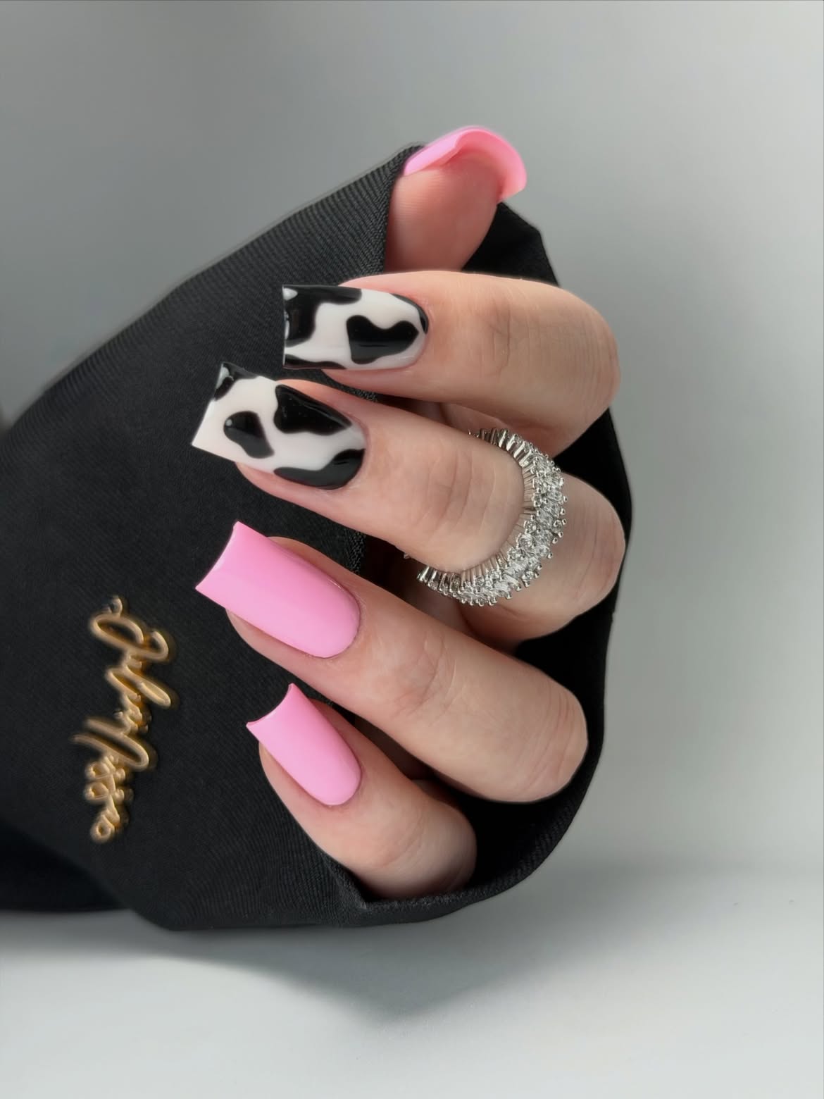 Playful Pink & Cow Print Square Nails