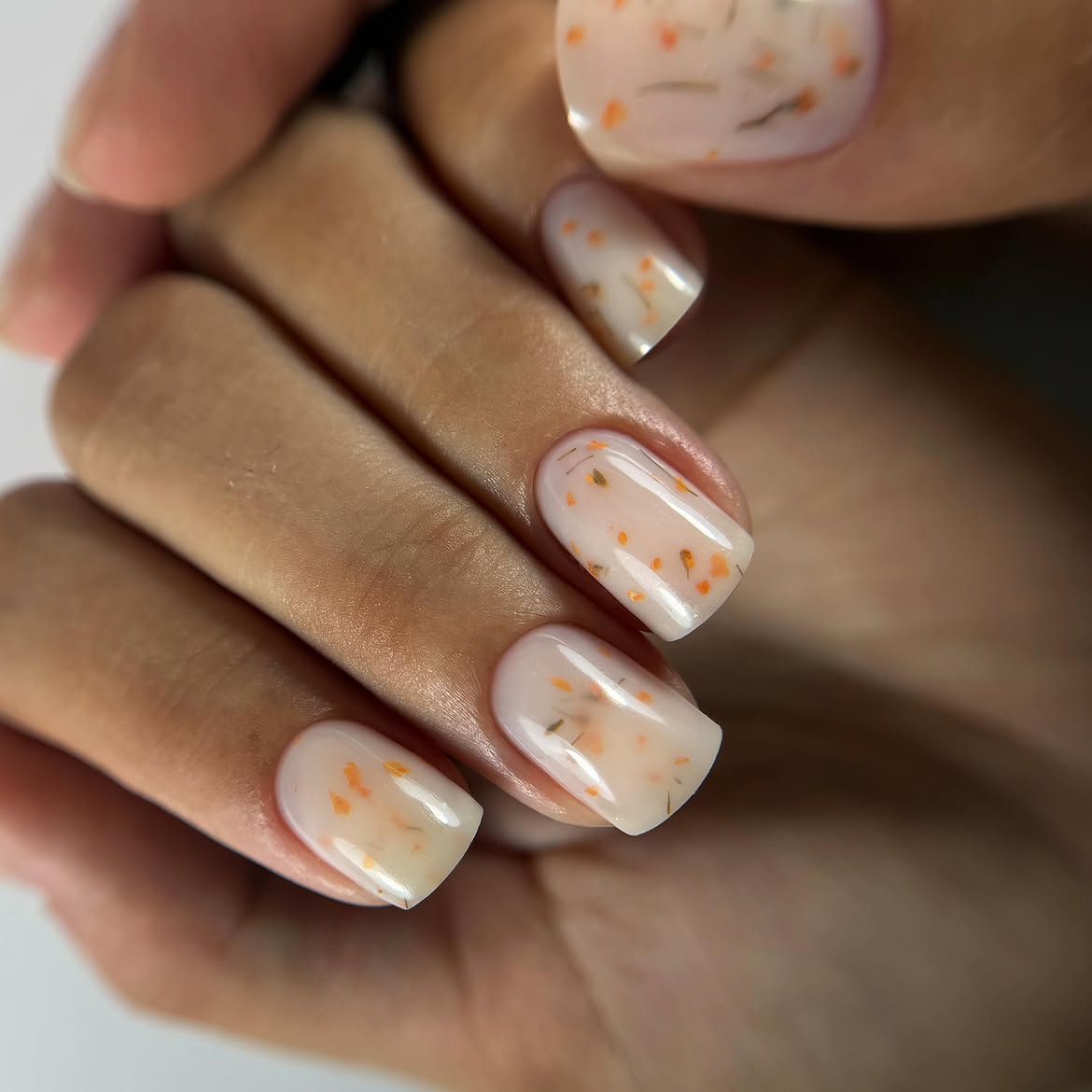 Pressed Flower Milky Base Square Nails