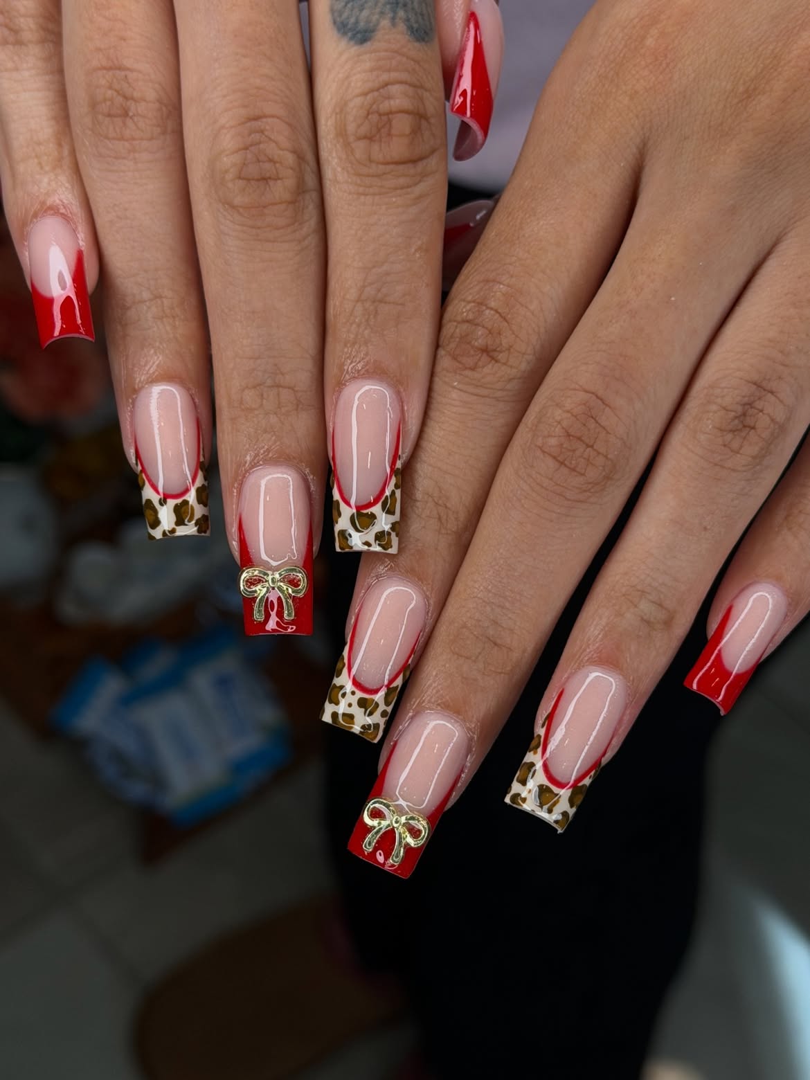 Red & Leopard French Tip Square Nails with Bow Charms