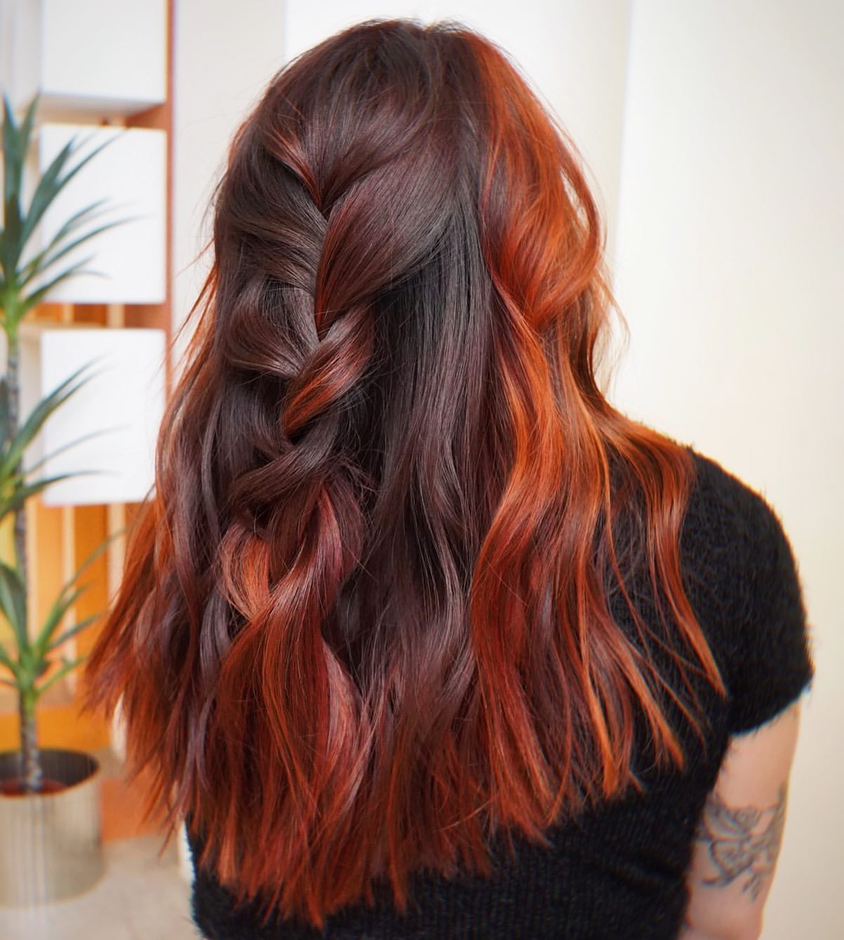 Rich Auburn Balayage With Crown Braid