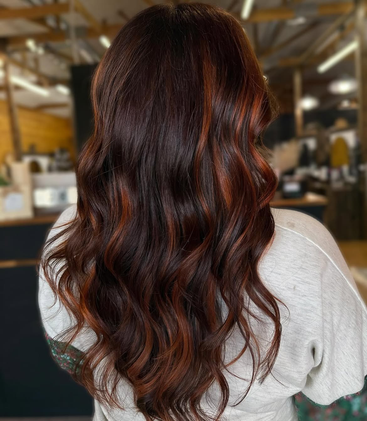 Rich Auburn Balayage With Deep Brown Base