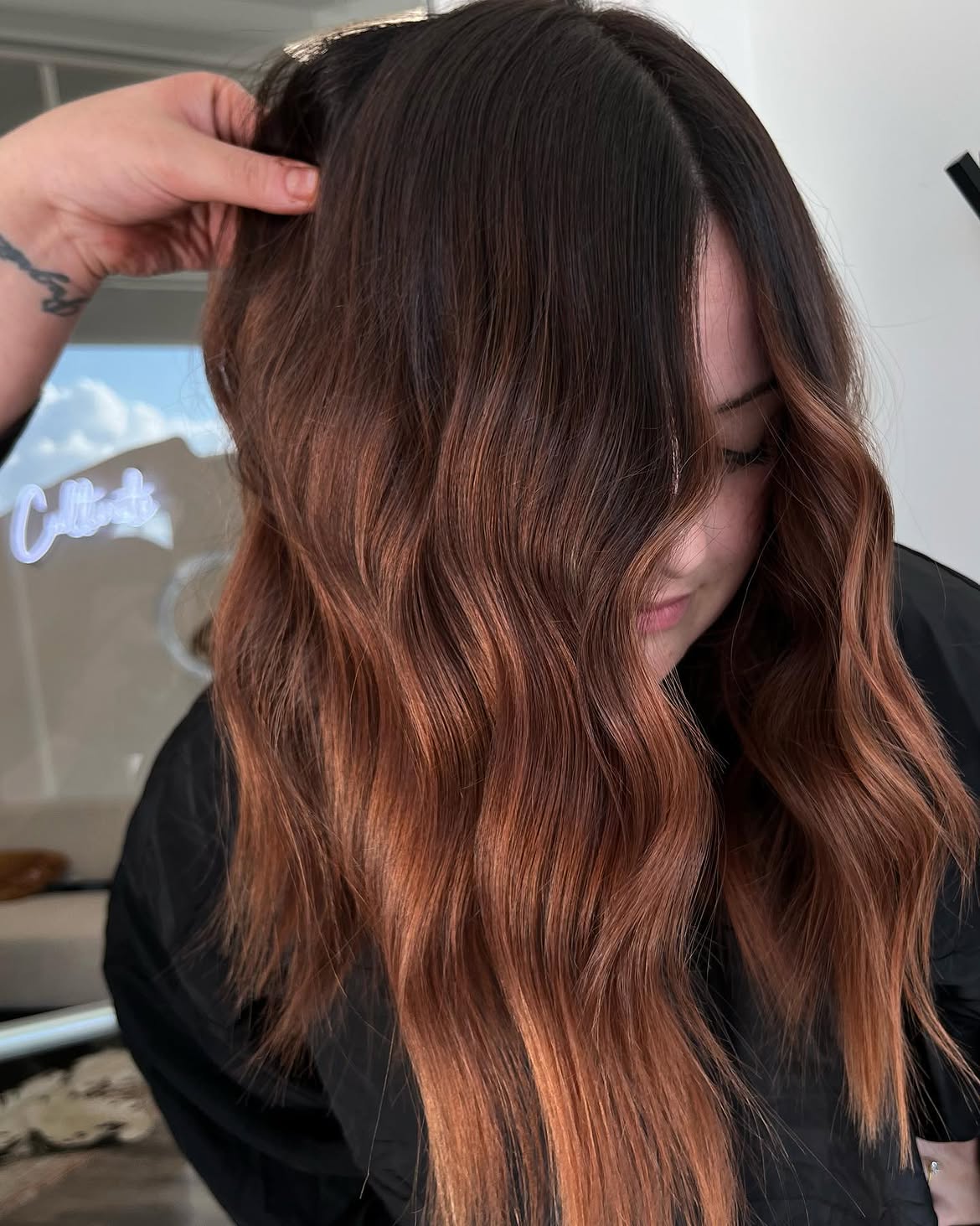Rich Auburn Balayage With Effortless Waves