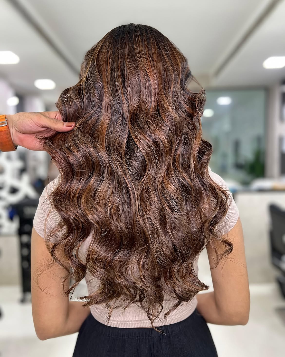 Rich Auburn Highlights On Chocolate Brown Waves