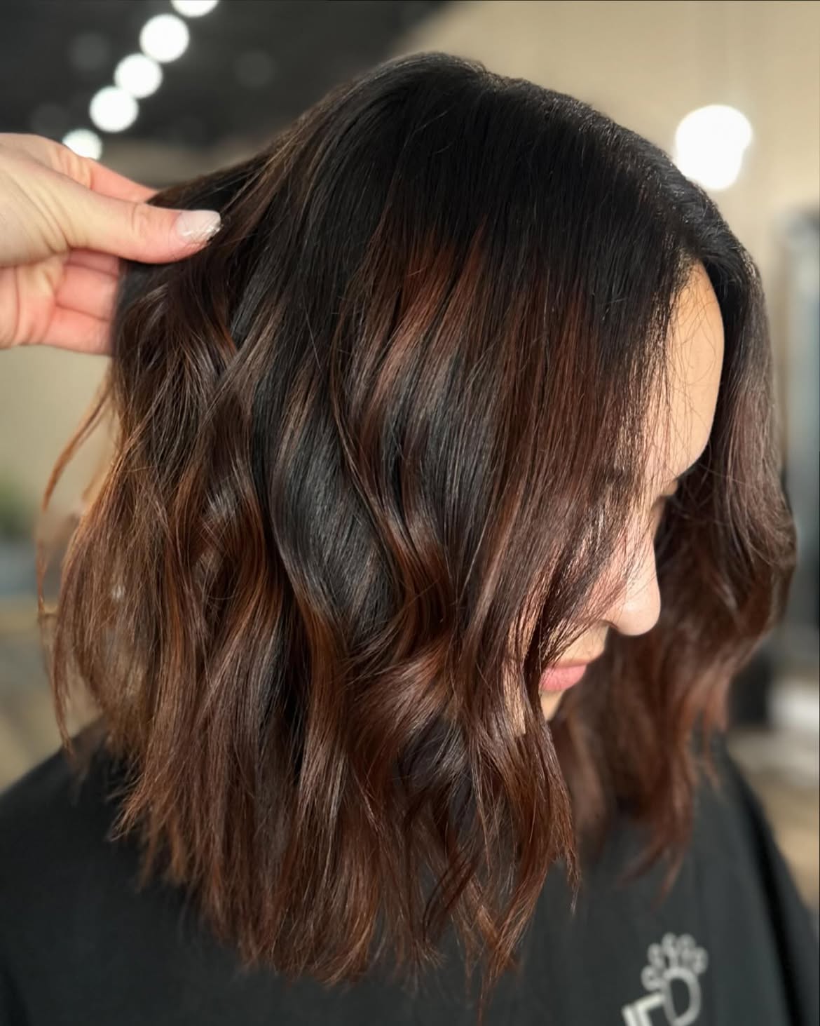 Rich Auburn Highlights On Dark Brown Bob