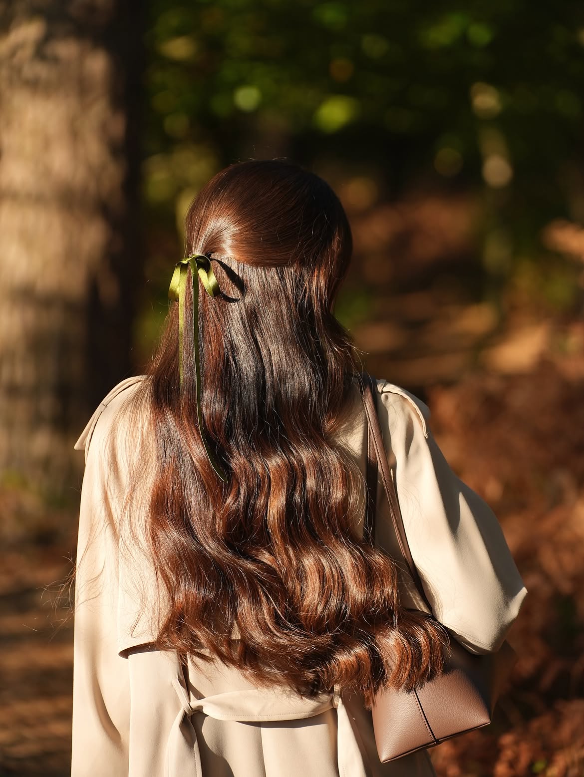 Rich Auburn Waves With Green Ribbon Accent