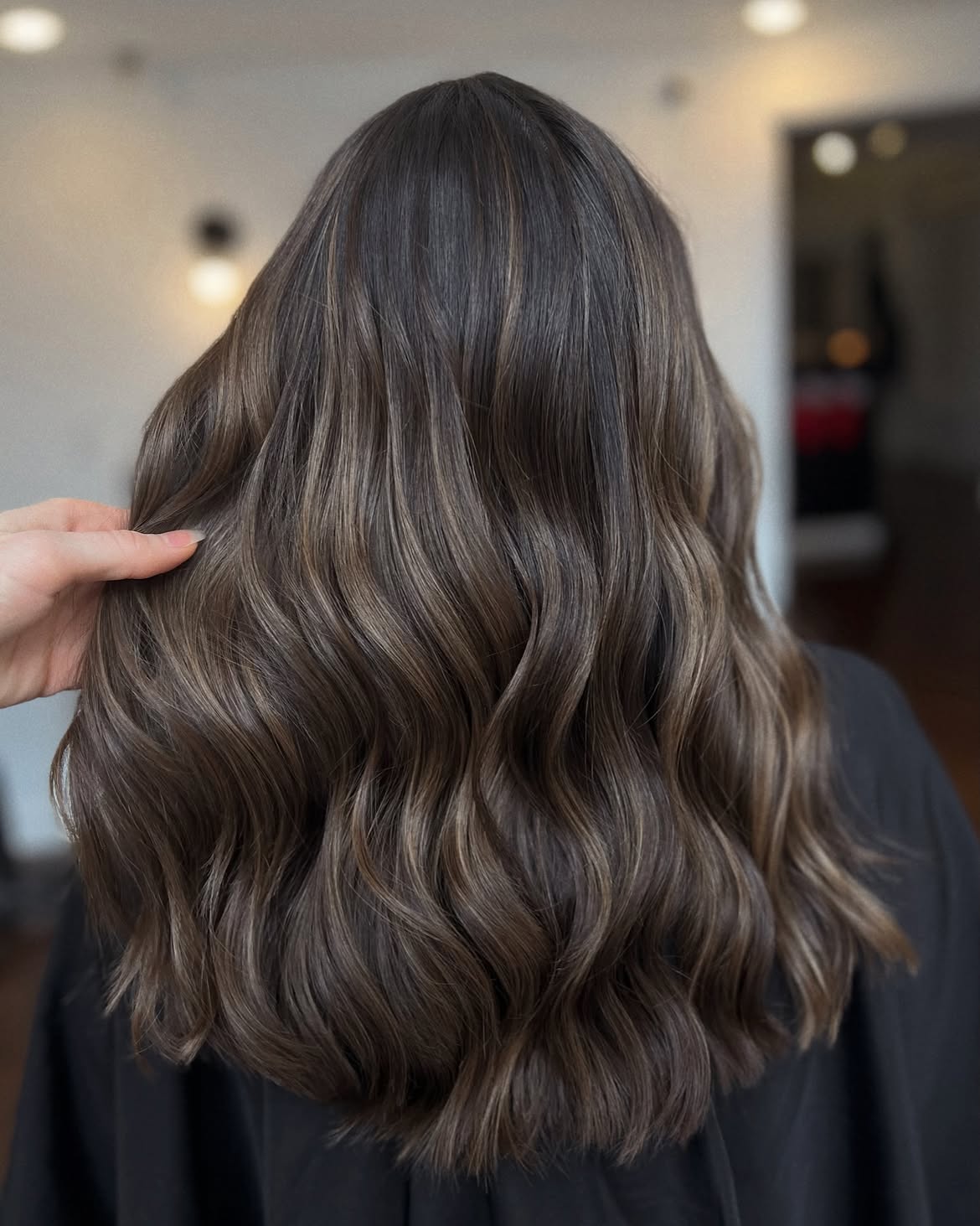 Rich Brunette With Subtle Ashy Balayage Waves