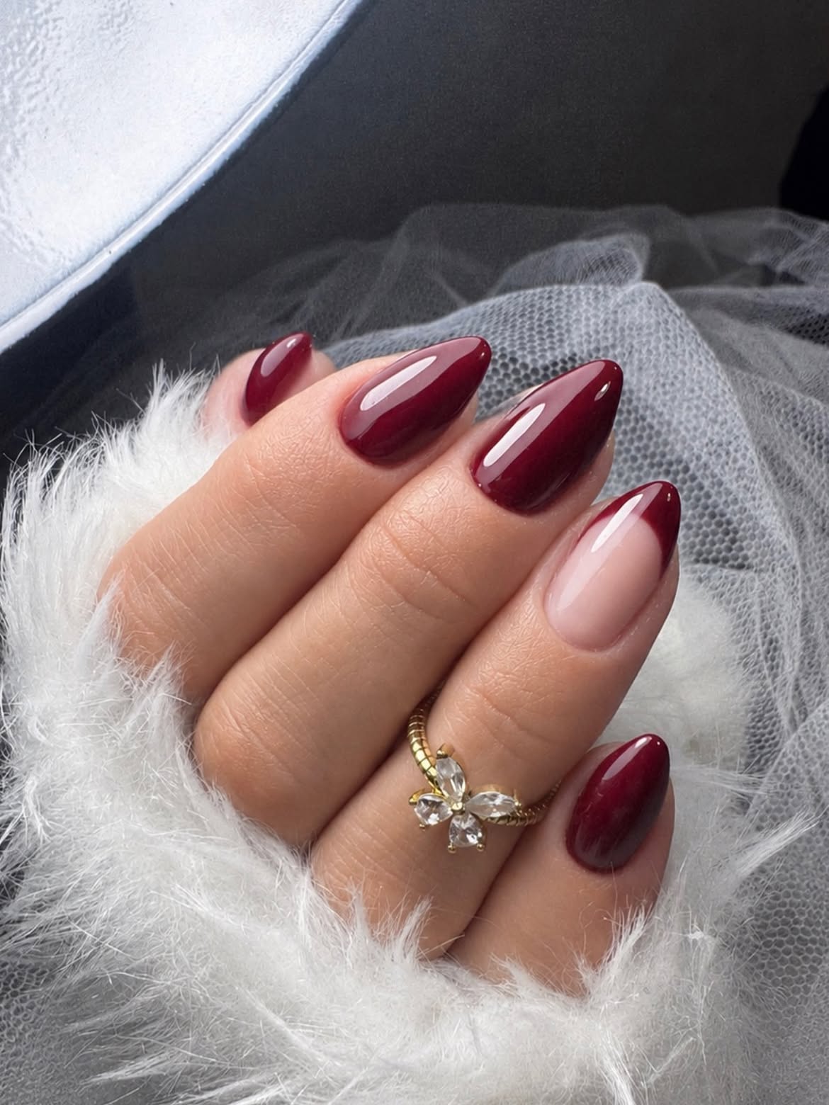 Rich Burgundy Almond French Tip Manicure
