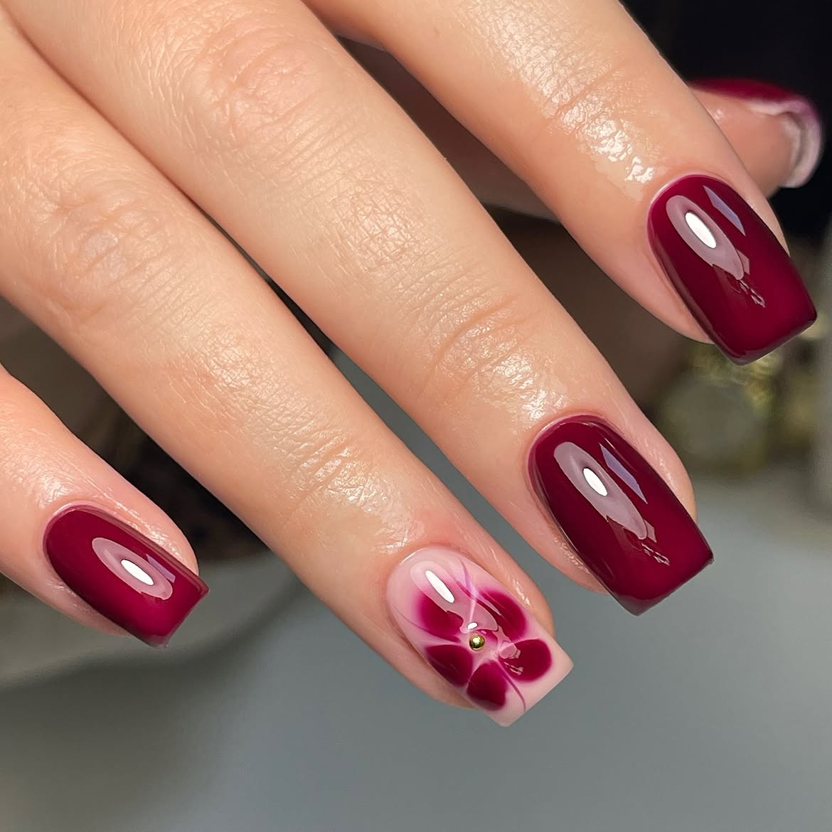 Rich Burgundy Floral Accent Square Nails