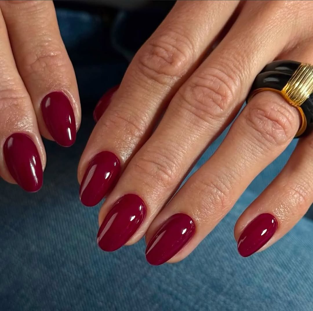 Rich Burgundy Glossy Oval Nails