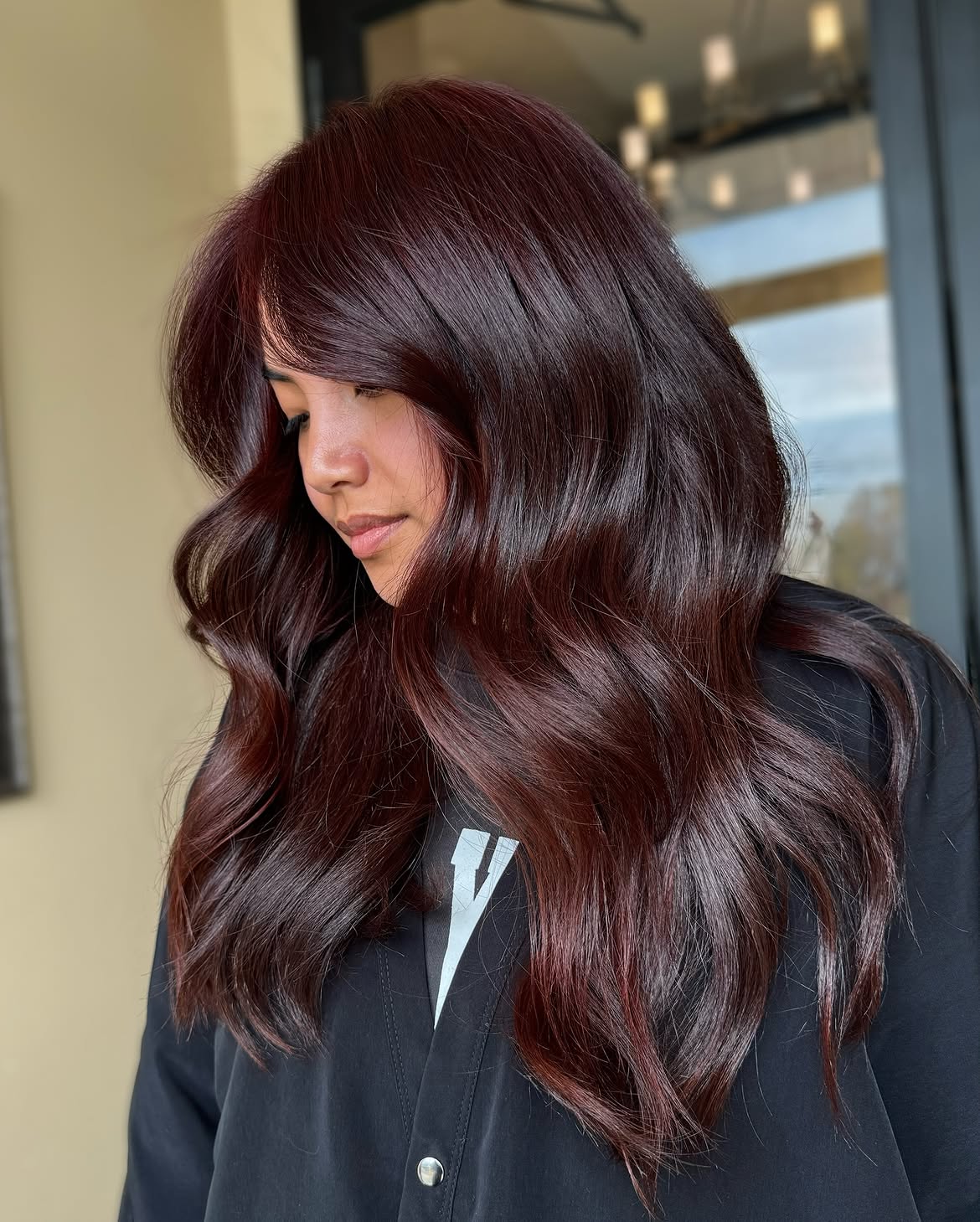 Rich Cherry Brown Waves With Face Framing Layers