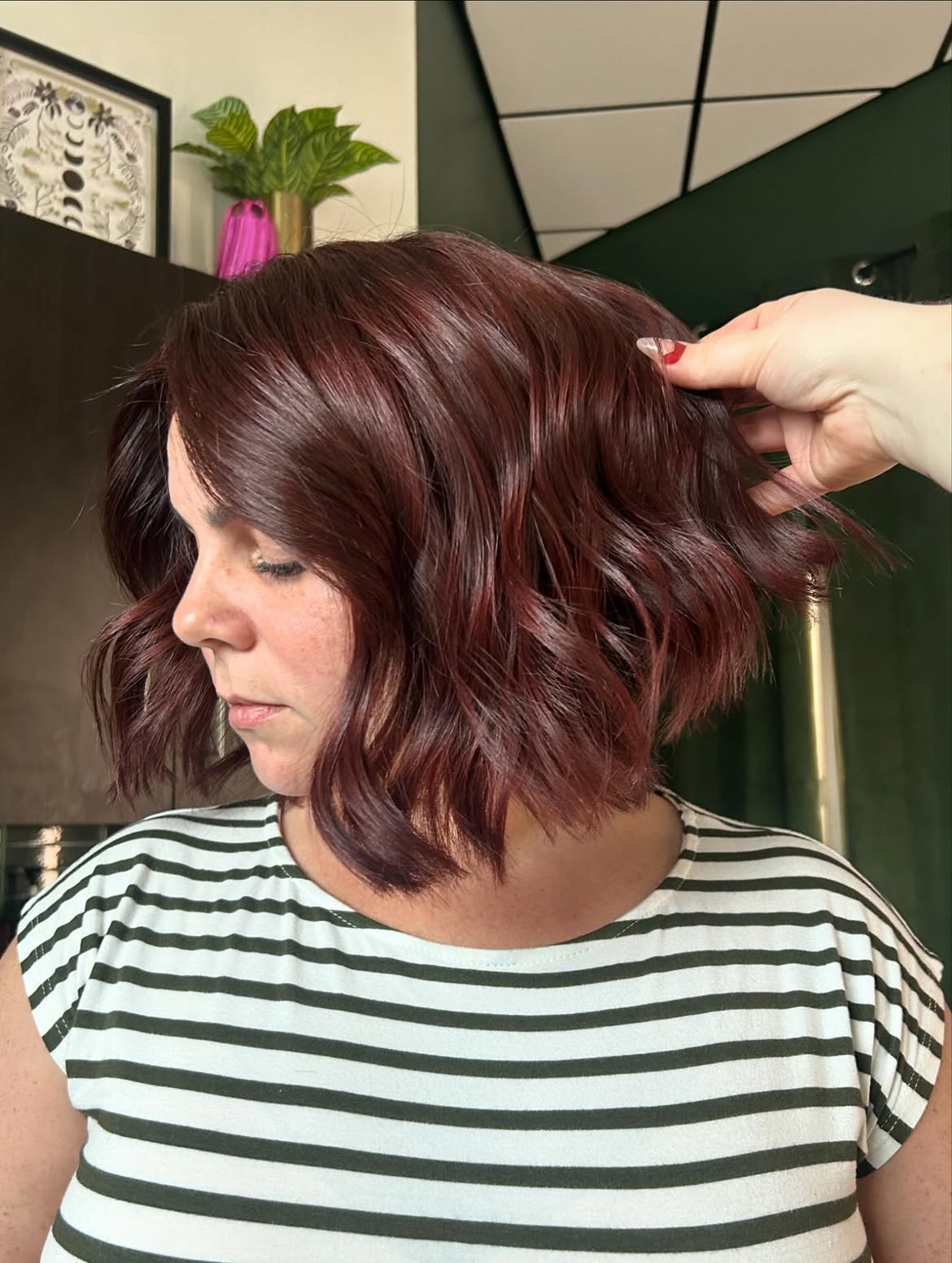 Rich Cherry Brown Wavy Collarbone Cut