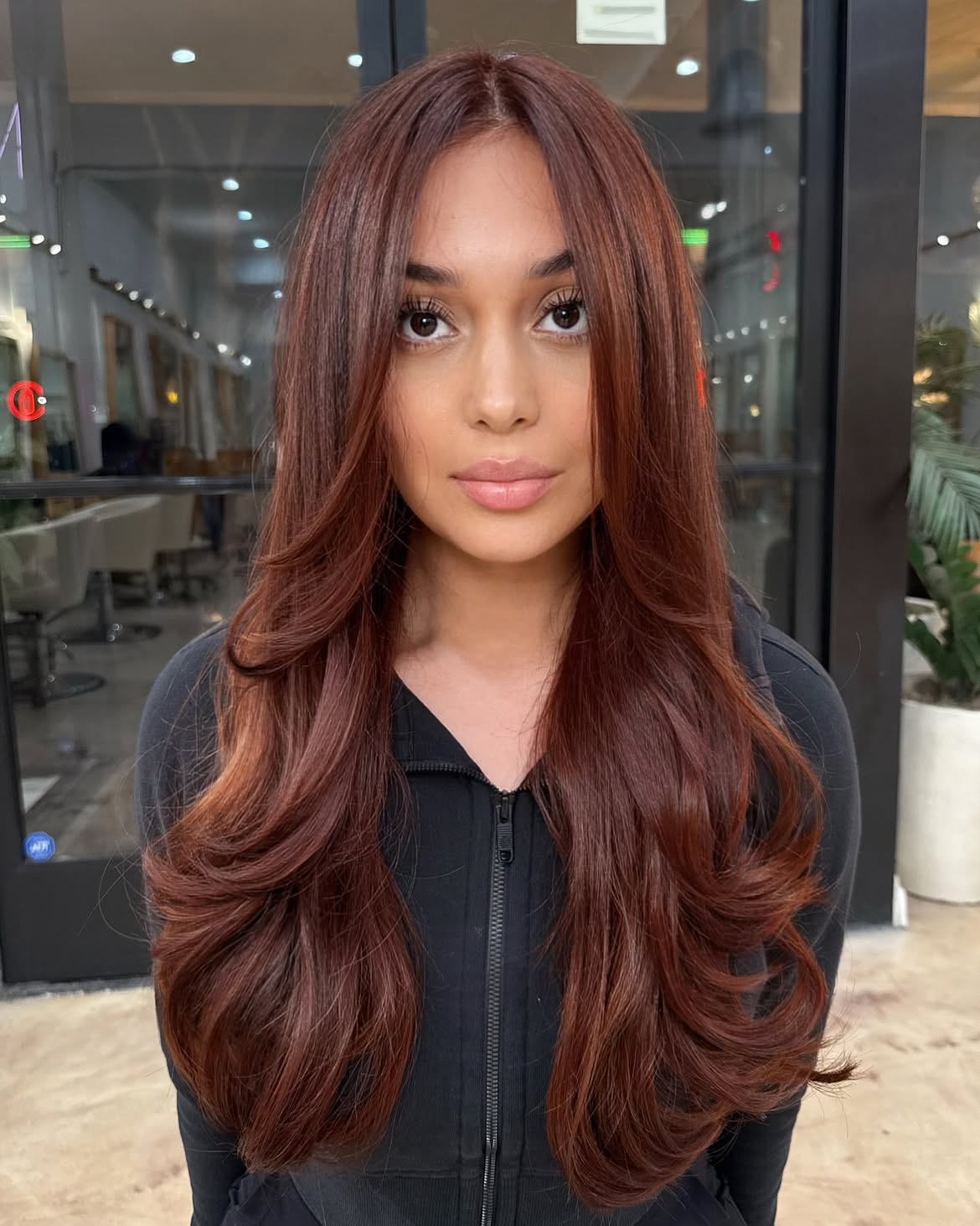 Rich Cherry Brown with Soft Face Framing Waves
