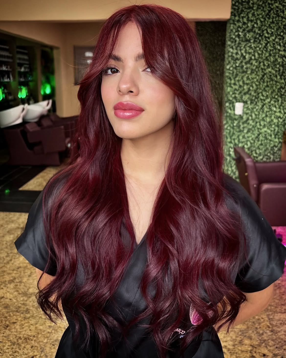 Rich Cherry Cola Long Layers With Curtain Bangs