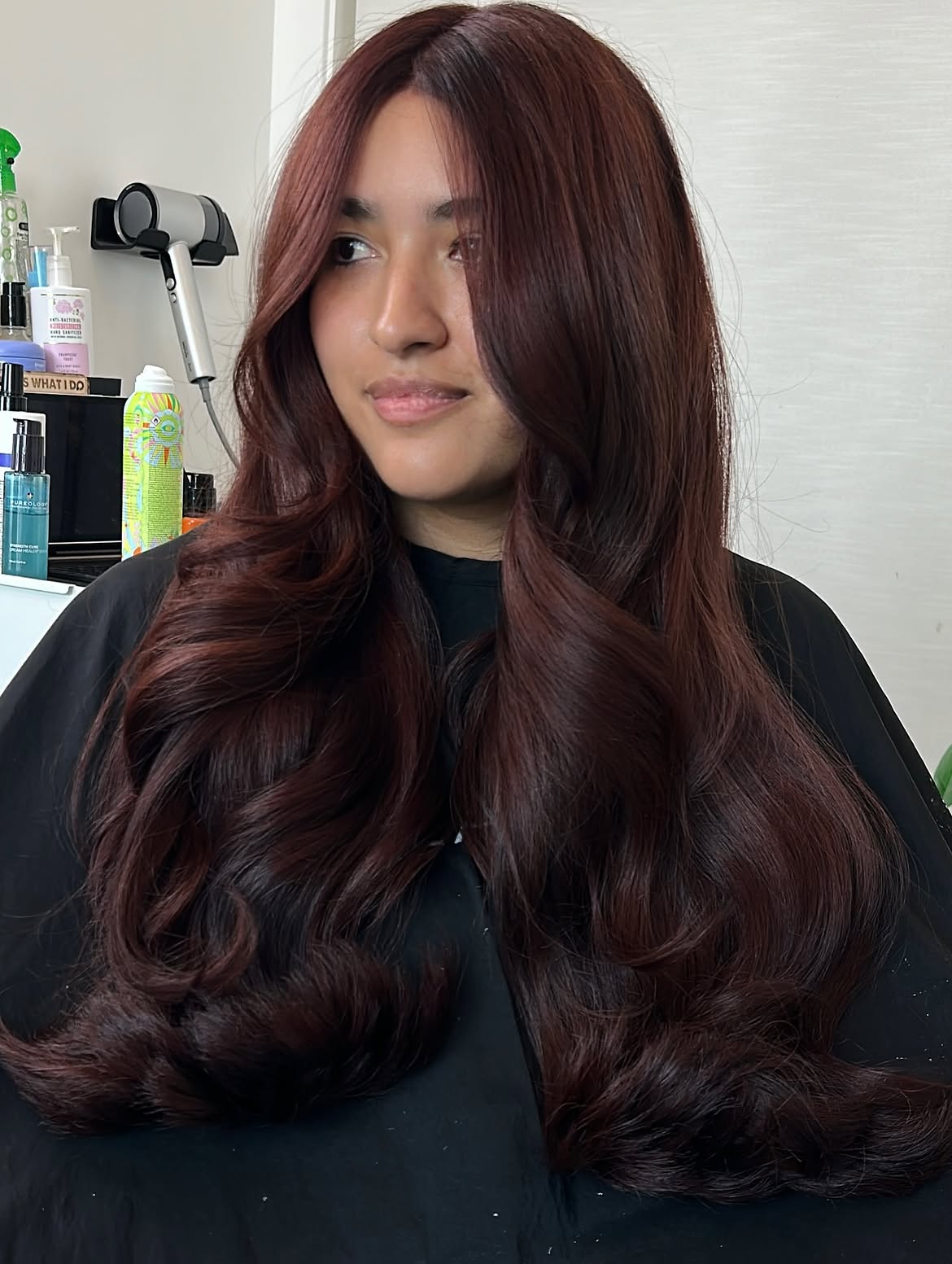 Rich Cherry Cola Waves With Face-Framing Layers