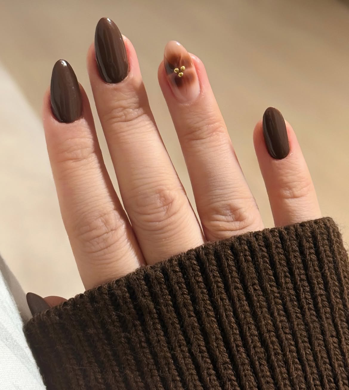 Rich Chocolate Brown Almond Nails with Accent