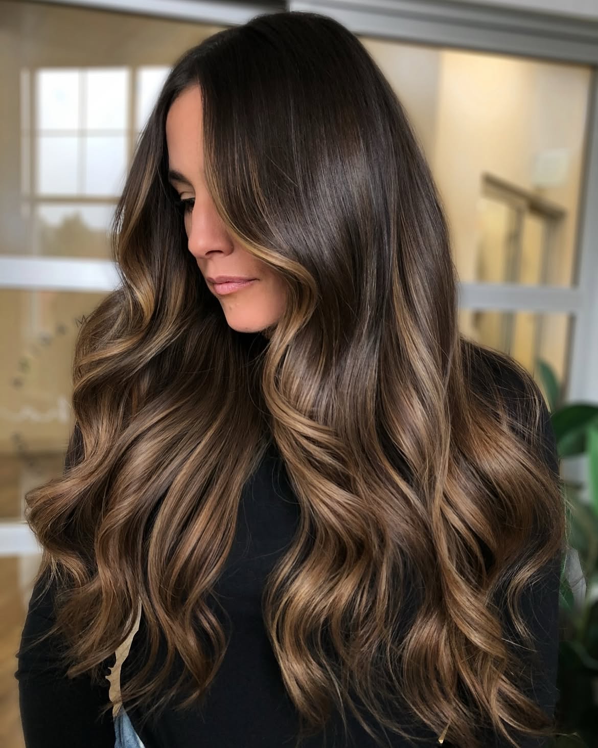 Rich Chocolate Brown Balayage With Warm Highlights