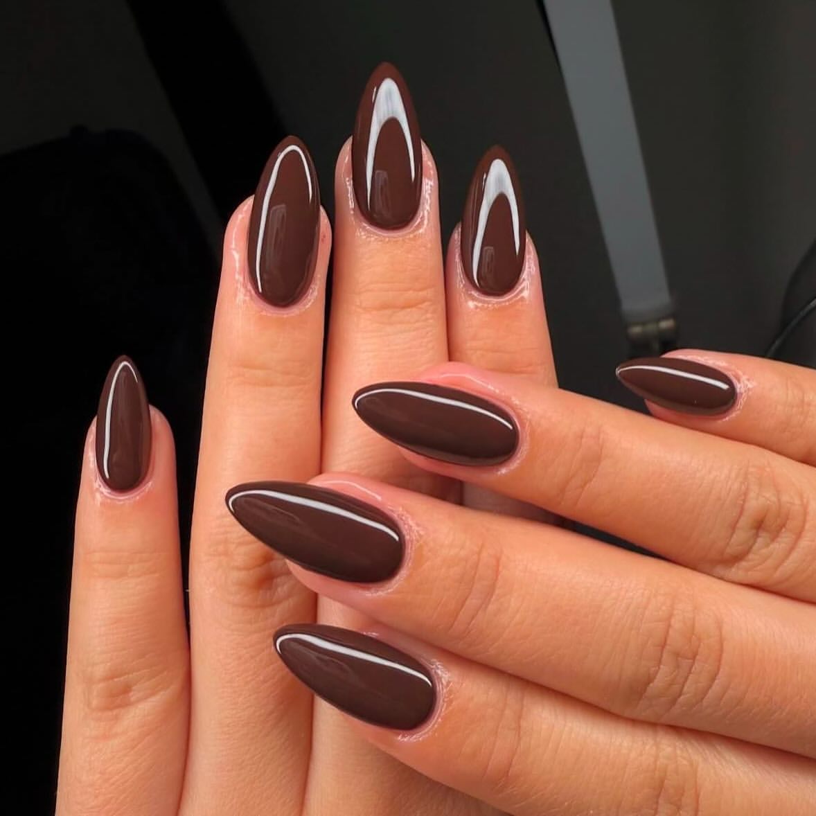 Rich Chocolate Brown Glossy Almond Nails