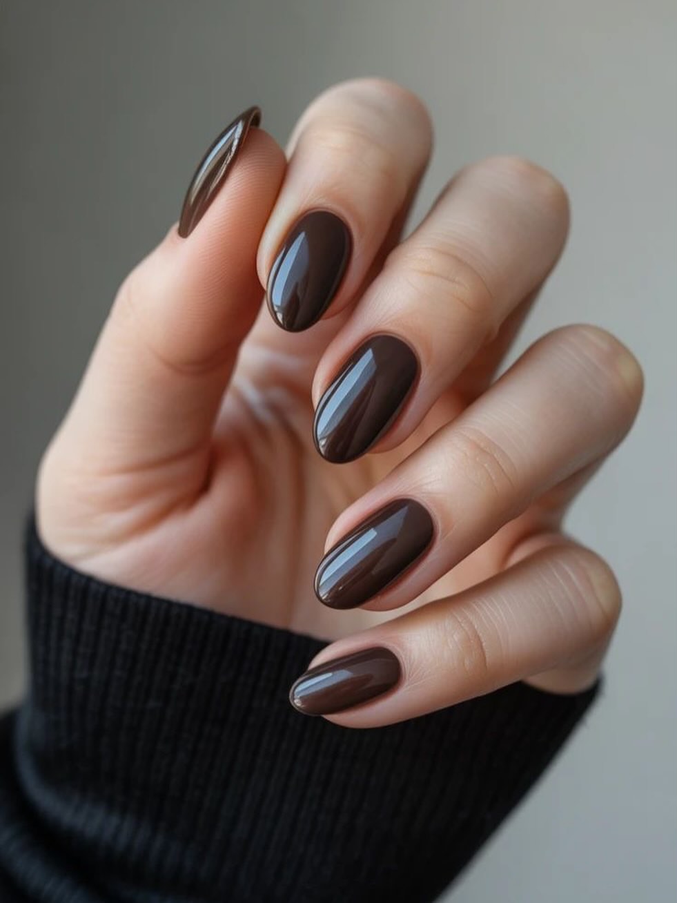 Rich Chocolate Brown Glossy Almond Nails