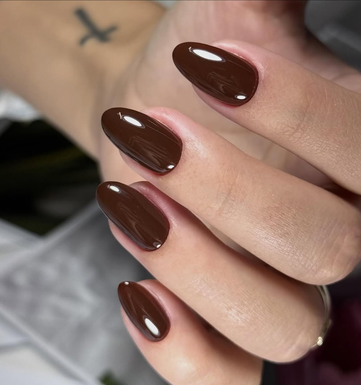 Rich Chocolate Brown High Gloss Almond Nails
