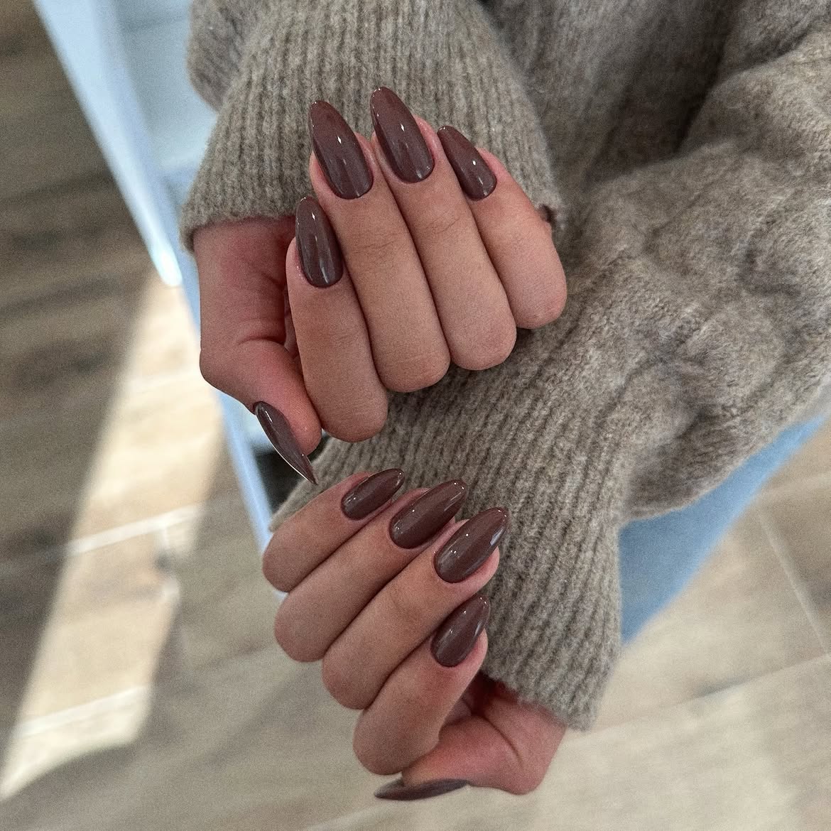 Rich Chocolate Brown High Gloss Almond Nails