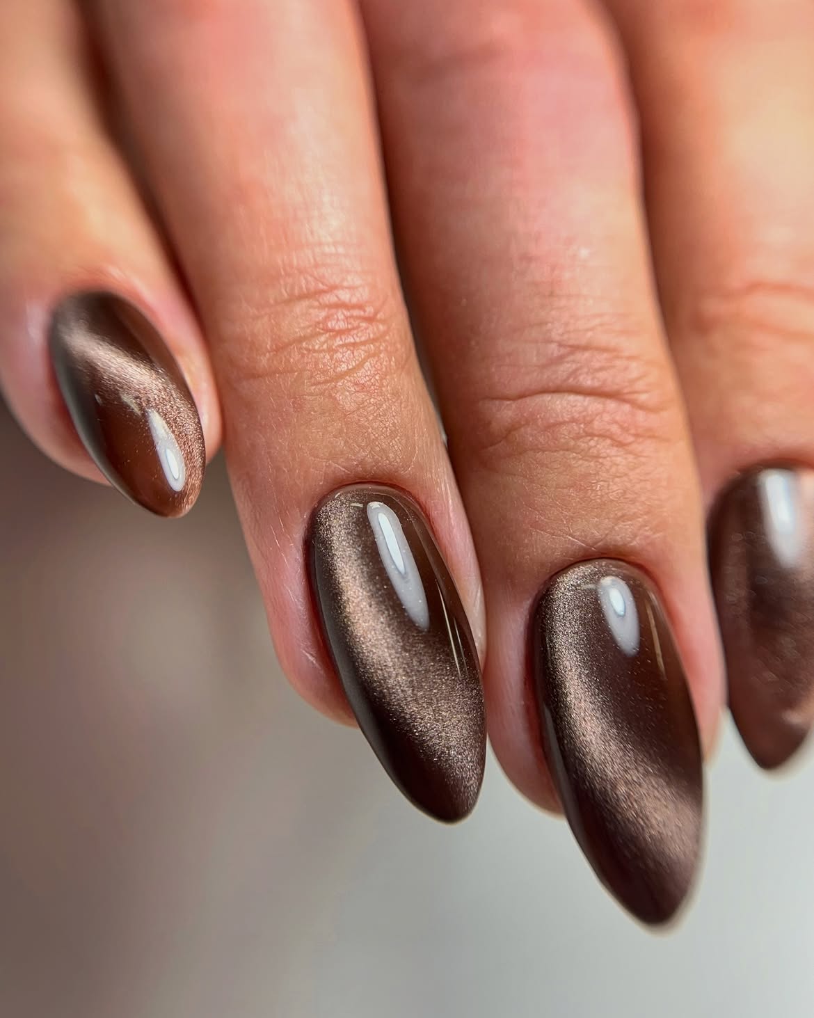 Rich Chocolate Cat Eye Almond Nails