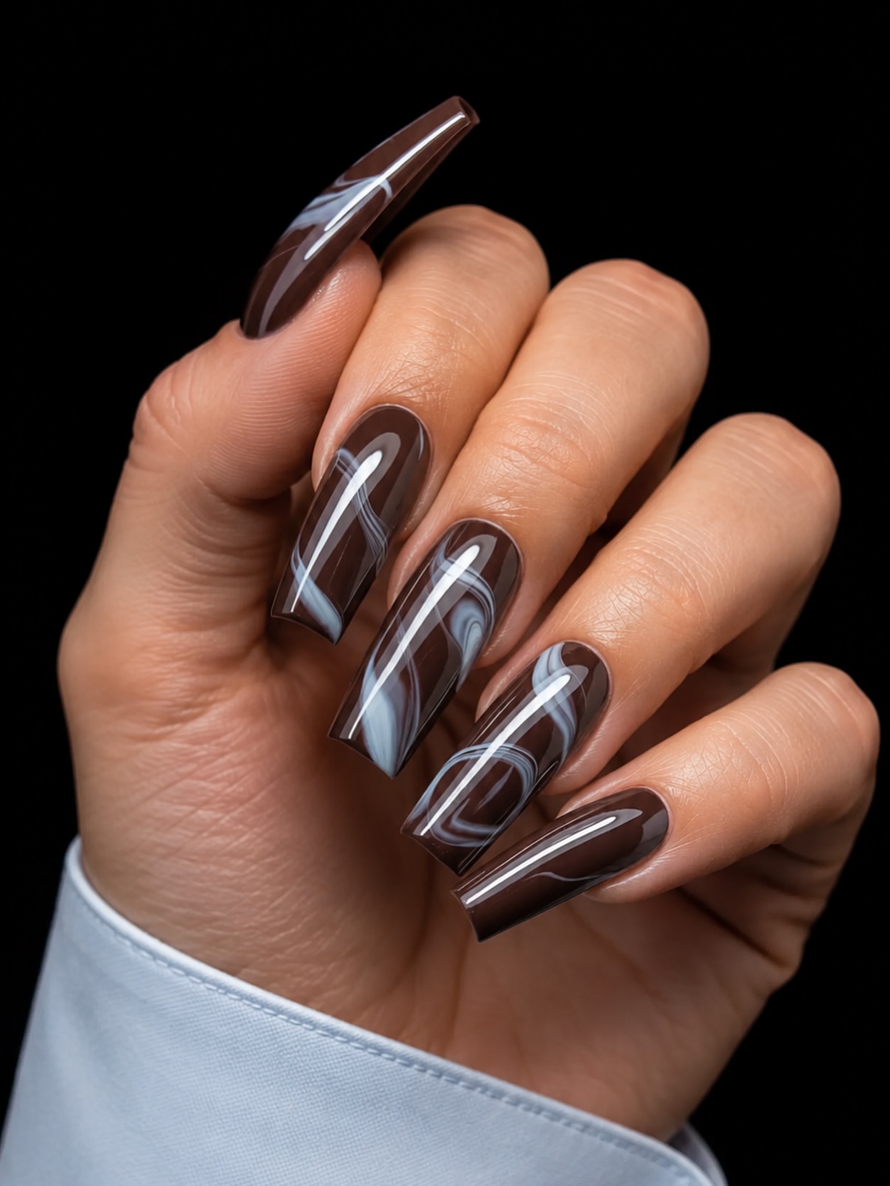 Rich Chocolate Swirl Coffin Acrylic Nails
