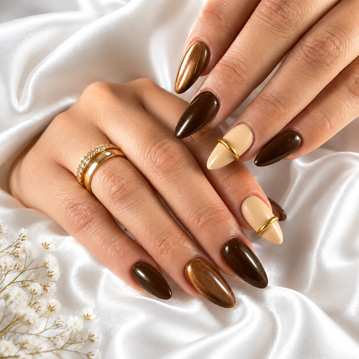 Rich Espresso and Bronze Almond Nails