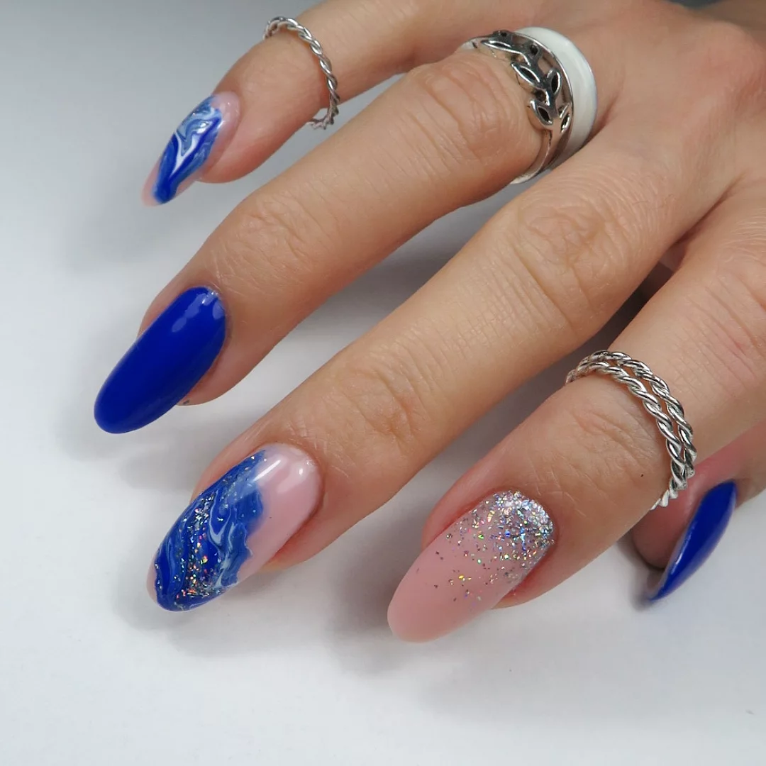 Royal Blue Marble & Glitter Almond Nails